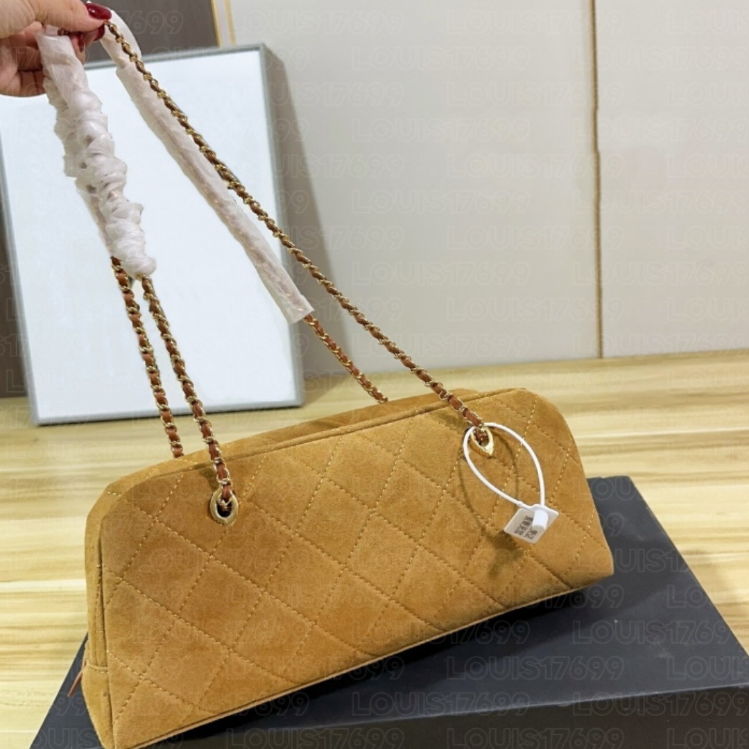 top designer Women Suede Diamond Quilted Bowling Bag Vintage Rectangle Boston Bag Weaving Chain Shoulder Bag Zip Closure Daily Handbag