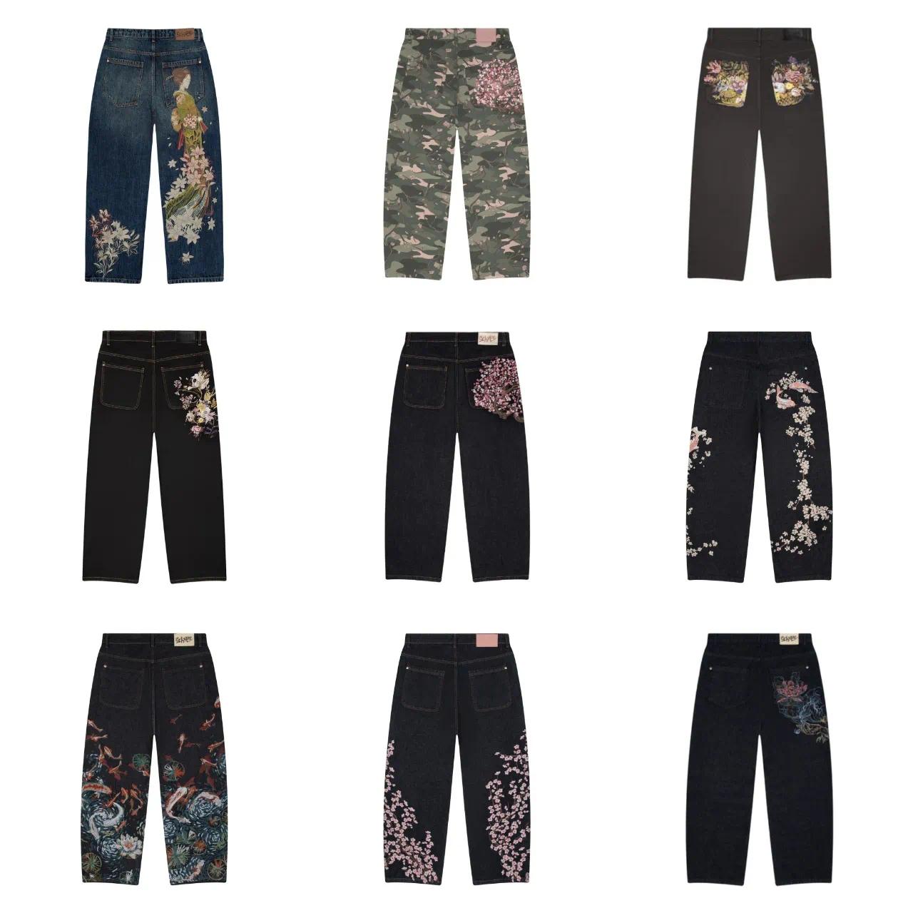 Men's Jeans Derschutze Patchwork Cherry Blossom Embroidery Denim Pants Y2k Vintage Women Baggy Straight Wide Leg Street Men Clothes