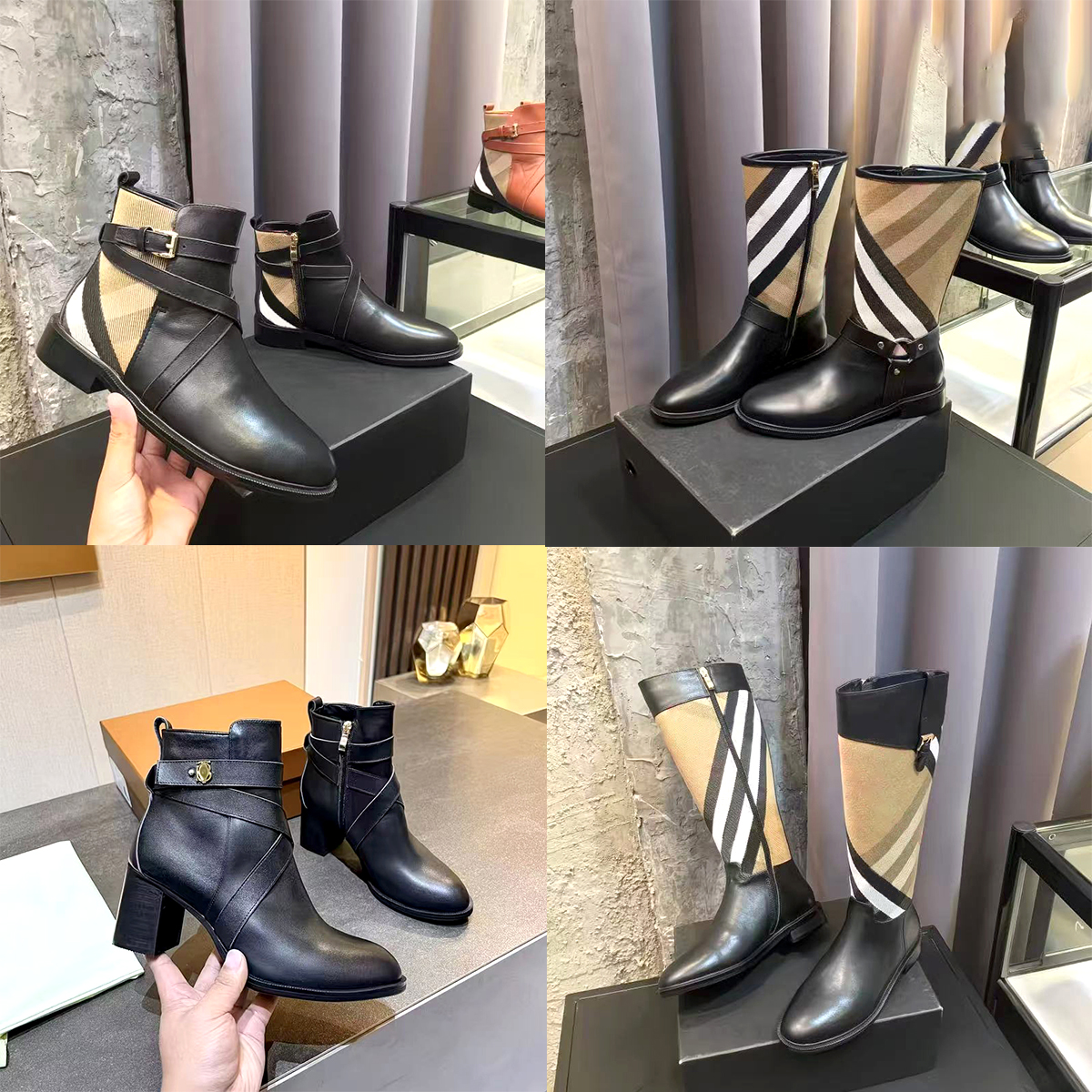 blueberry Classic stripes Roman Boots New women Martin Boots Hampstead Thigh High Ankle luxury Designer Rain Fashion plaid Motorcycle Marsh Wedge he