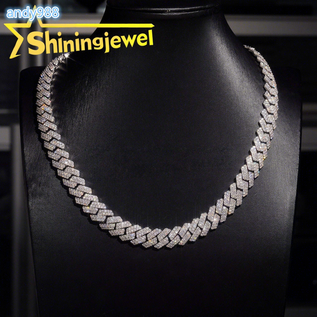 Custom Design 14mm 2row Cuban Link Chain Pass Diamond Test VVS Moissanite Diamond Iced Out Solid S925 Gold Plated Cuban Necklace
