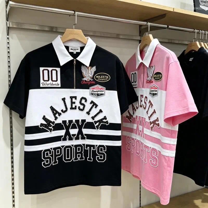 Men's Polos Embroidered Patchwork Rhinestone Letter Contrasting Lapel Short Sleeve Top Tees MAJESTIK Tshirts Cotton Men Women Street Outfit