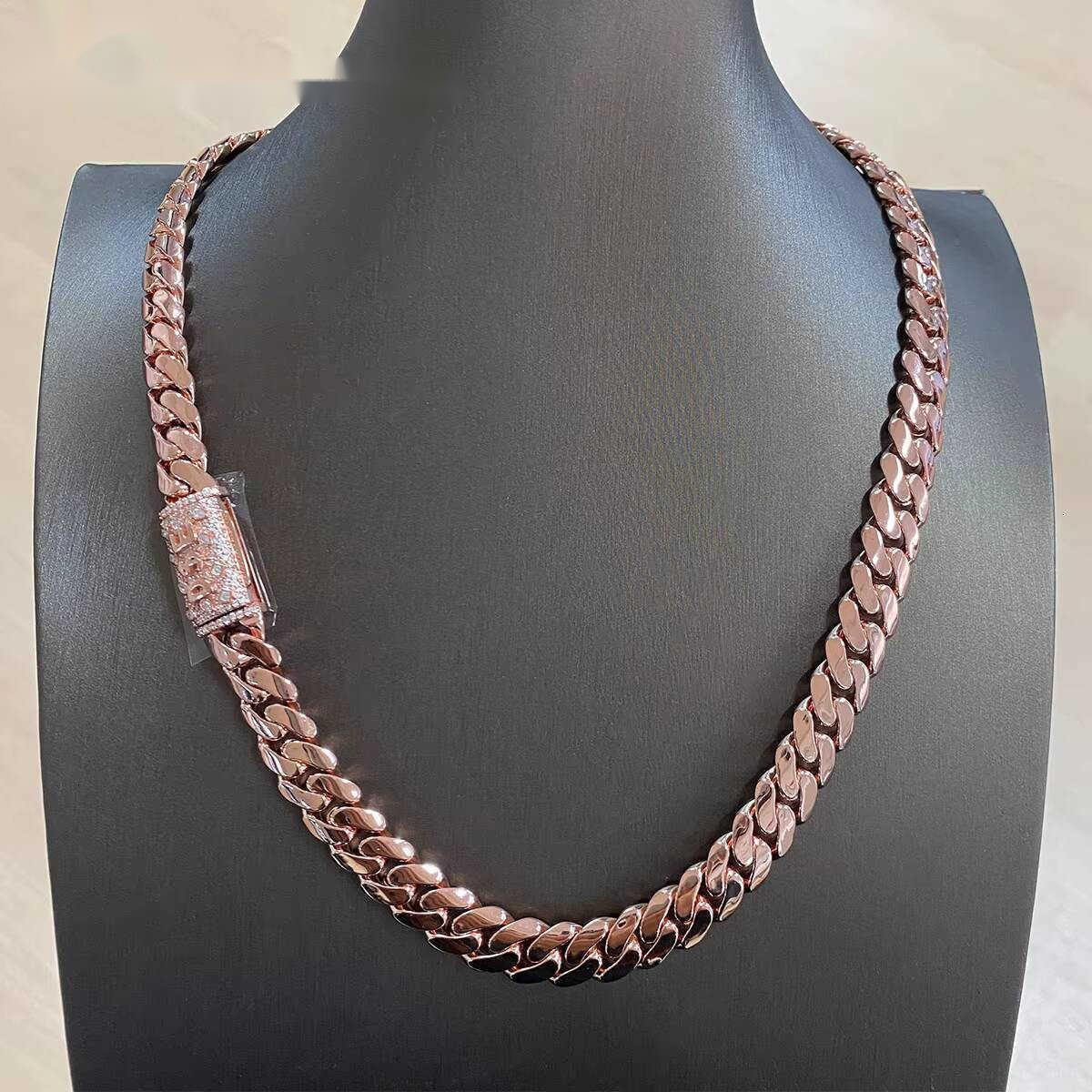 Rose Gold Iced Out Custom Moissanite Clasp 12mm Solid 925 Sterling Silver Plain Hip Hop Miami Cuban Chain for Men Hypoallergenic