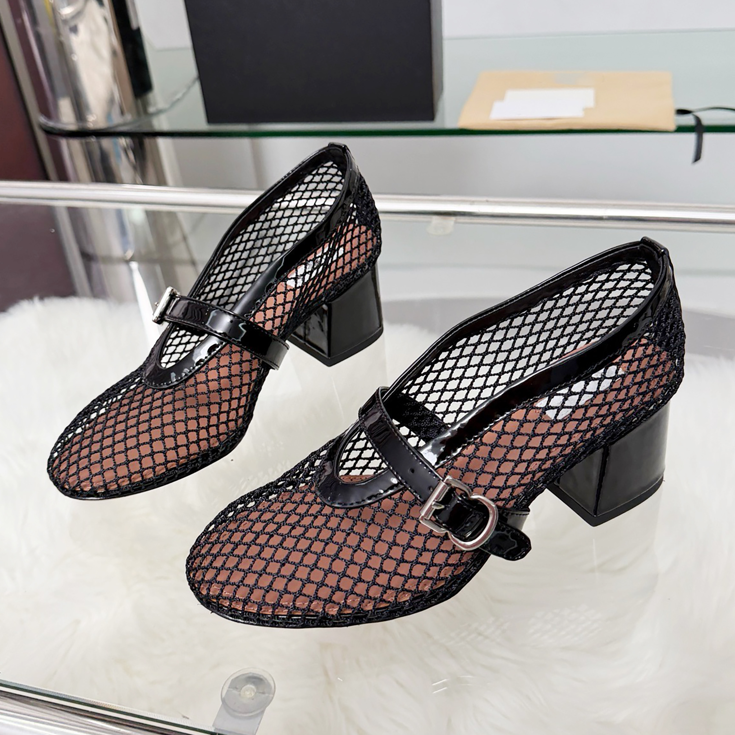 2026 Summer Mesh Mary Jane High Heels Perspective Mesh Straight Buckle Coarse Heels Sandals Fishing Net Single Shoes Workplace Commuting High Heels