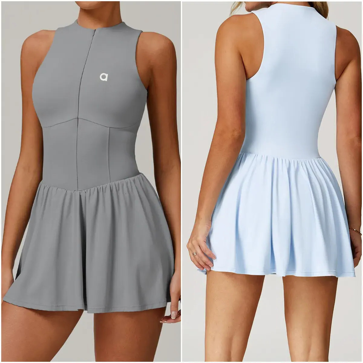 Women Yoga One Piece Dress Sleeveless Lined Skort Zipper Pocket Tennis Golf Running Sportswear, Soft Moisture Wicking Sportswear