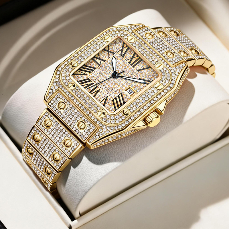 2026 Hot Sale Square Case Diamond Watch Men Women Gold Plated Full Paved Roman Numerals Date Quartz Waterproof Fashion Luxury Wristwatch