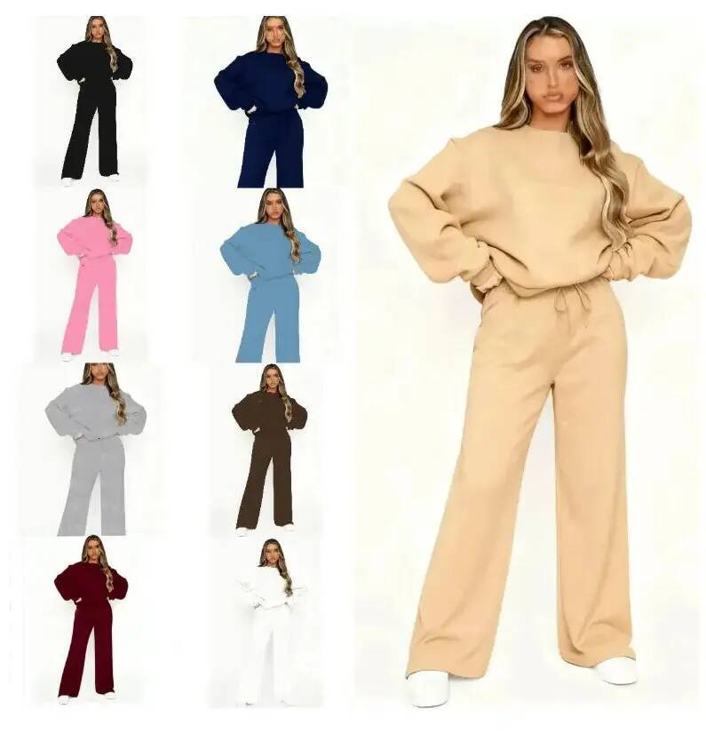 Women Yoga Solid Color Casual Matching Set O Neck Long Sleeve Sweatshirt Drawstring Pocket Jogger Pants Comfort Loungewear Tracksuit For Outdoor Dai