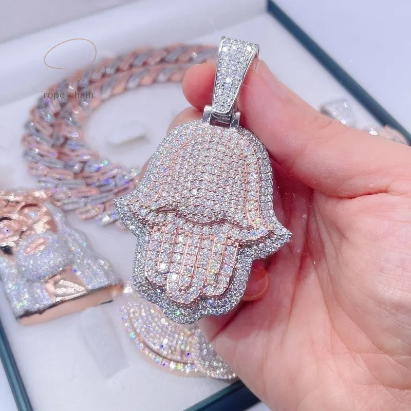 Iced-Out Moissanite Hamsa Necklace - Mix of Sterling Silver and Rose Gold for Men's Elegance