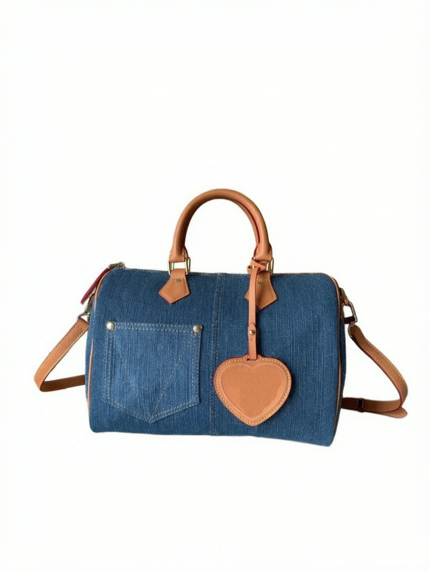 Multi-color light blue and pink quilted denim tote bag with heart-shaped leather charm, single handle crossbody bag with adjustable strap