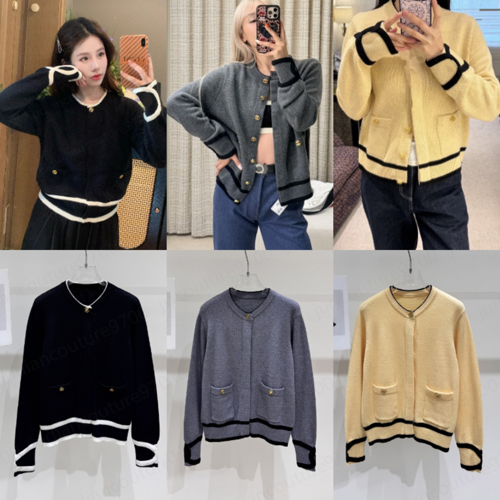CC Knit jackets womens Long Sleeve Crew Neck Knit Cardigan Sweater Brand logo Gold Button Contrast Trim Cropped Jacket Elegant Fashion Knitwear wome