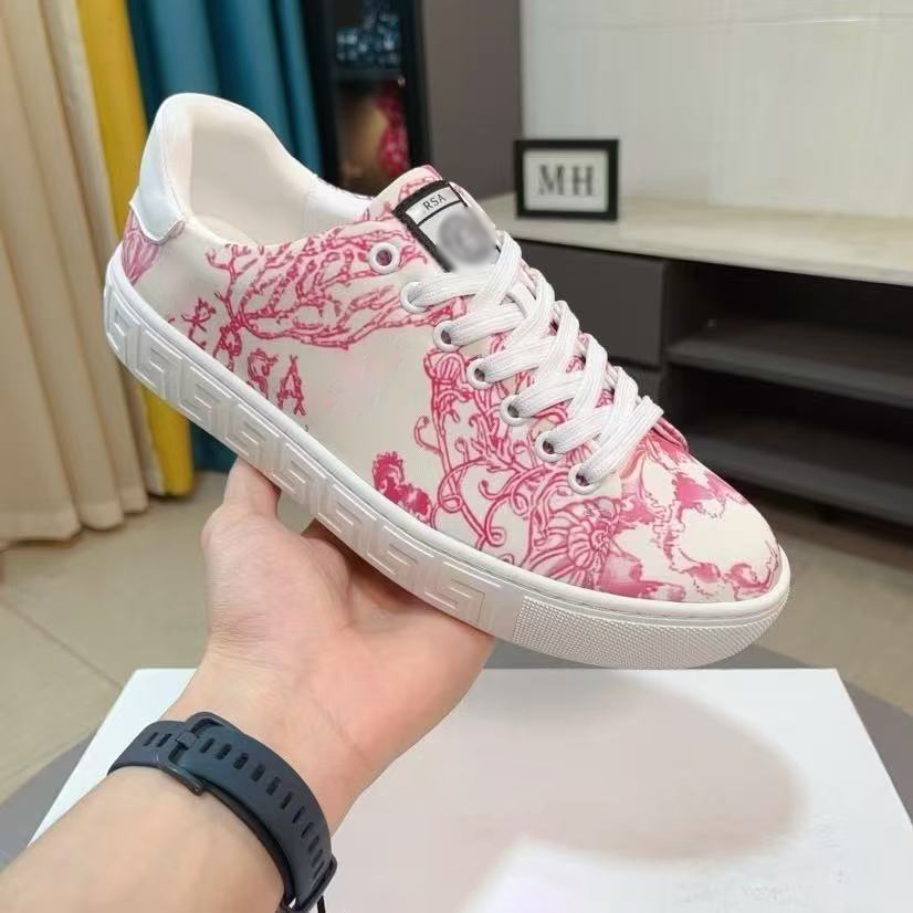 Men's Luxury Designer White Pink Baroque Floral Prints Canvas Sneakers Lace Up Low Top Greek Key Sole Skate Shoes Street Daily Travel Walking C