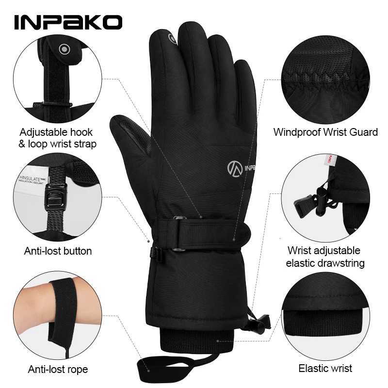 and Men's INPAKO Women's Thickened Professional Ski Gloves Windproof Winter Warm Snow Gloves Snowmobile Five-Finger Gloves N260815