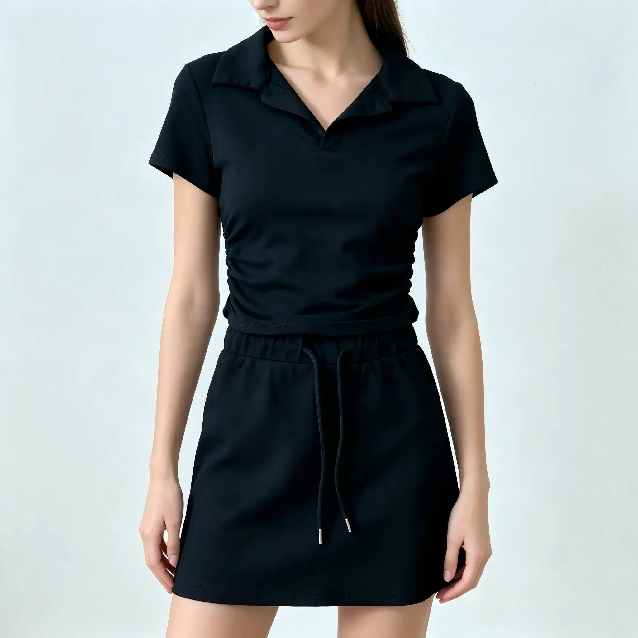 Women Yoga Minimalist Short Sleeve Polo Shirt Matching Set Modest Tennis Golf Skirt With Built In Shorts Breathable Sportswear For Gym Running Daily