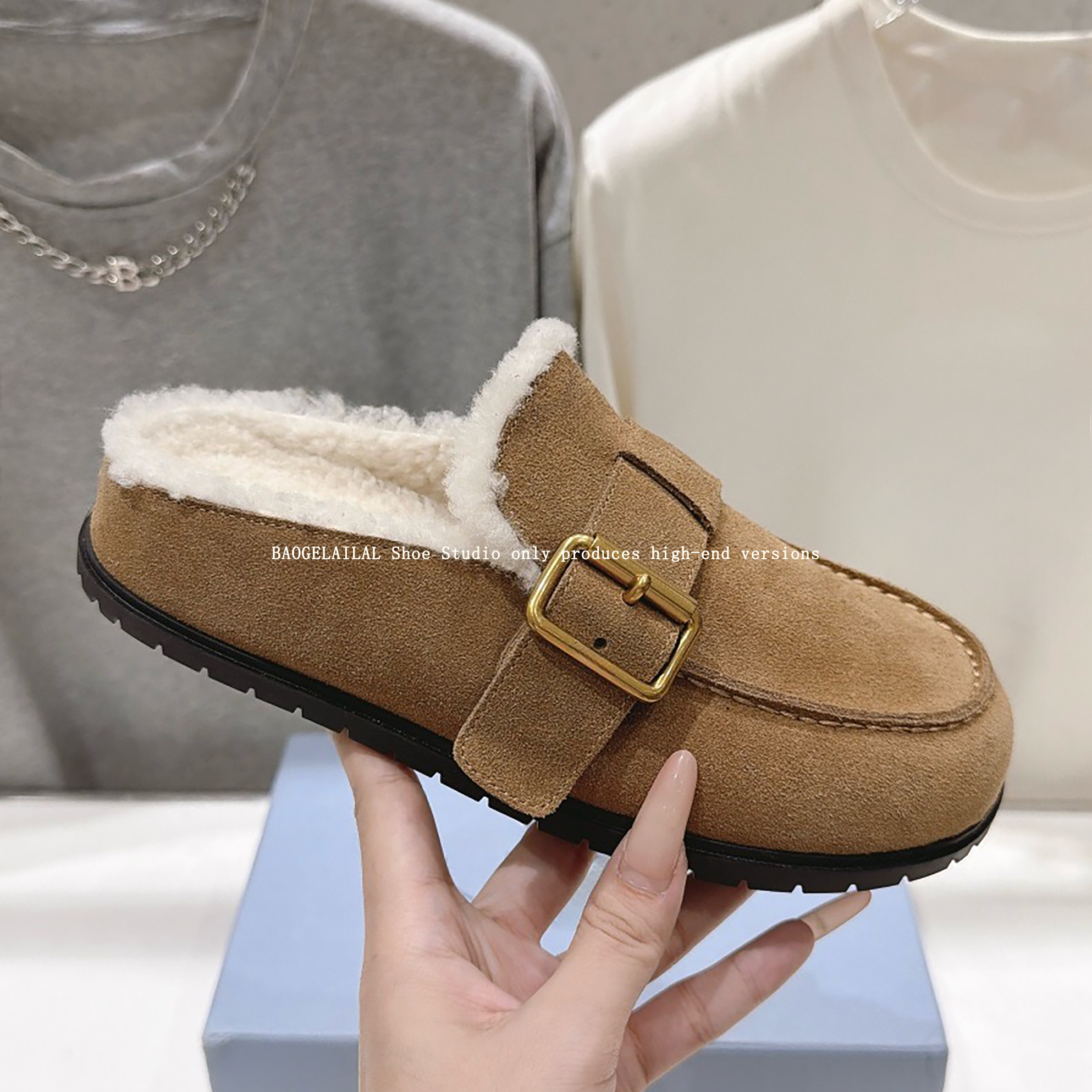 Embout en laine de daim pour femmes d'automne et d'hiver avec doublure en velours, chaussures plates avec décoration de boucle, Le Fu Tuo, vêteme