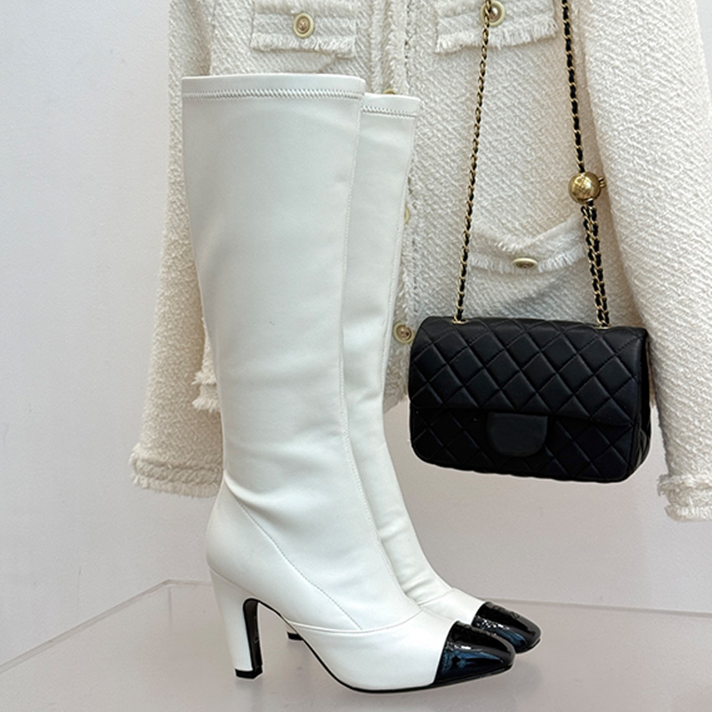 Luxury brand Pre Collection High Boots designer womens small square toe white calf leather new shoe upper long boots womans casual travel knight boo