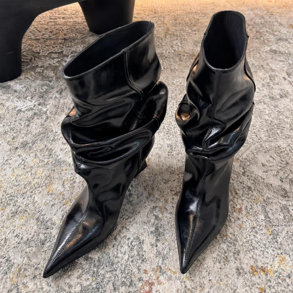 Pointed Toe Slouch Boots Soft Leather Ruched Mid Calf Pull On Wedge High Heel Elegant Autumn Winter Daily Wear Top-Tier Designer Shoes