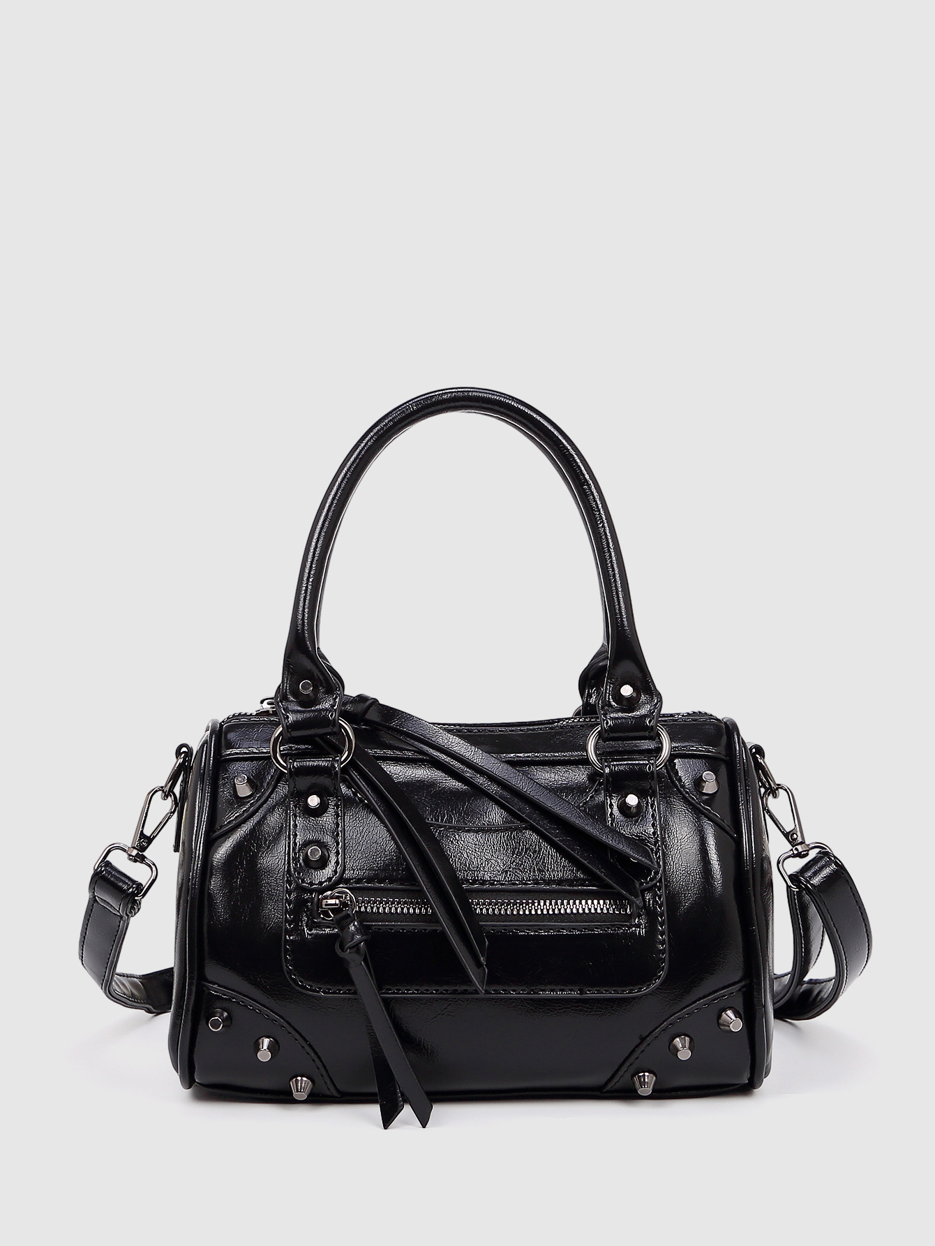 Women's Designer Style Rivet PU Bowling Bag Vintage Motorcycle Handbag Removable Sling Shoulder Bag For Daily Travel