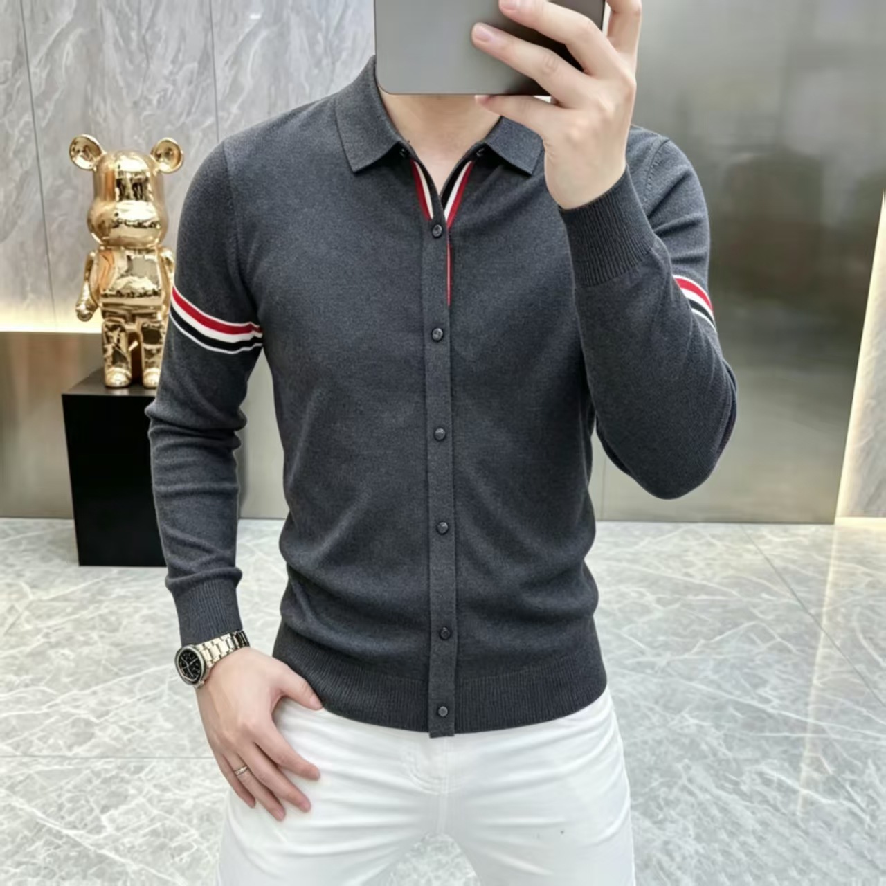 Designer Knitted Men's Golf Autumn New Polo Shirt Fashion Stripe Embroidered Casual Long Sleeve Sweater Men's Vacation Baseball Jacket
