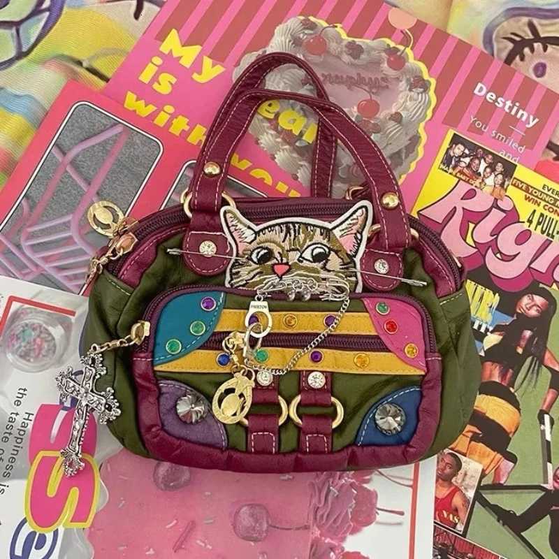 Retro Vintage Japanese Y2k Babes Personalized Women's Cute Kawaii Cat Soft Leather Handbag Side Bag for Ladies X260815