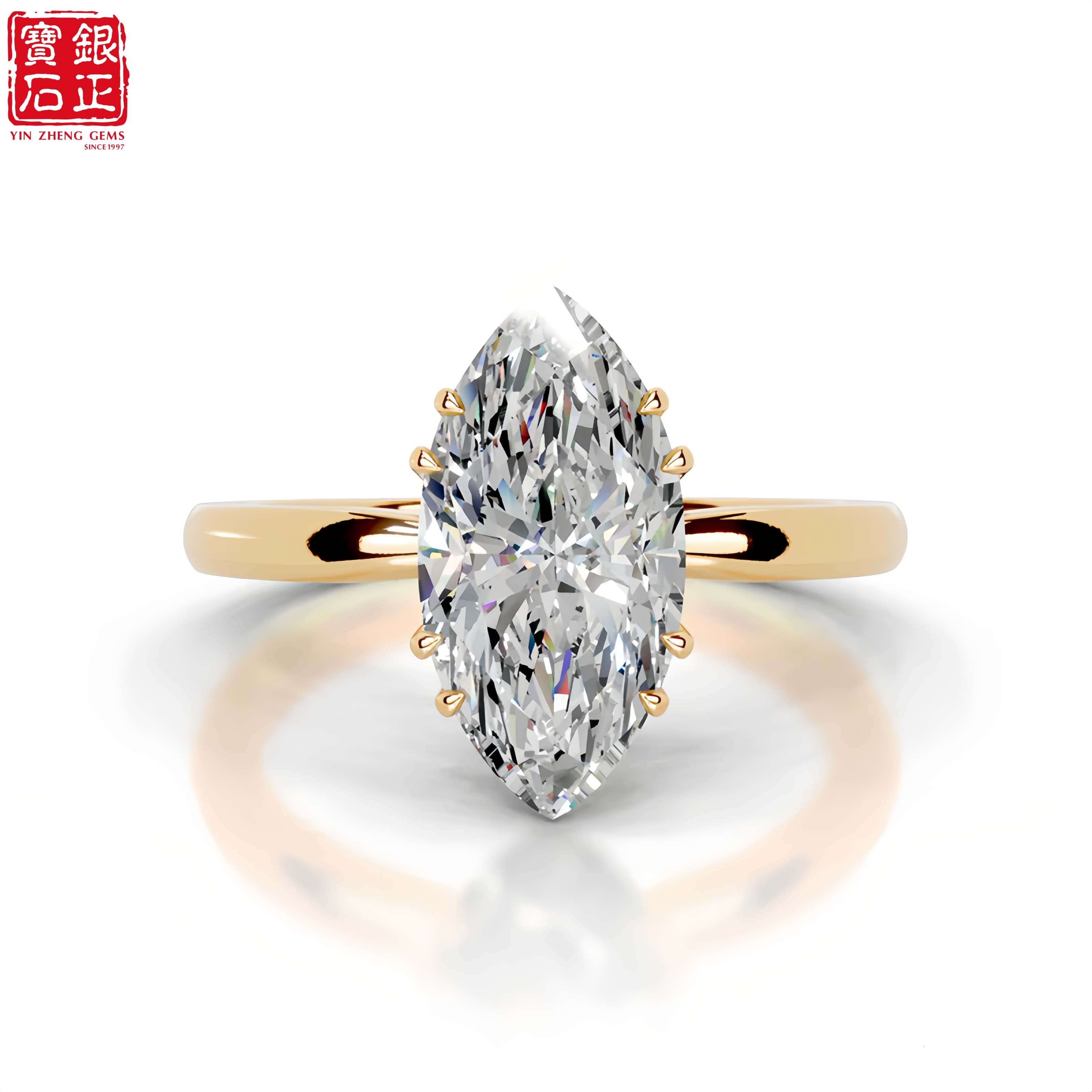 925 Sterling Silver Gold Plated Moissanite 5 Carats Marquise Cut Double Prong Setting Fine Jewelry Wedding Ring for Women REACH