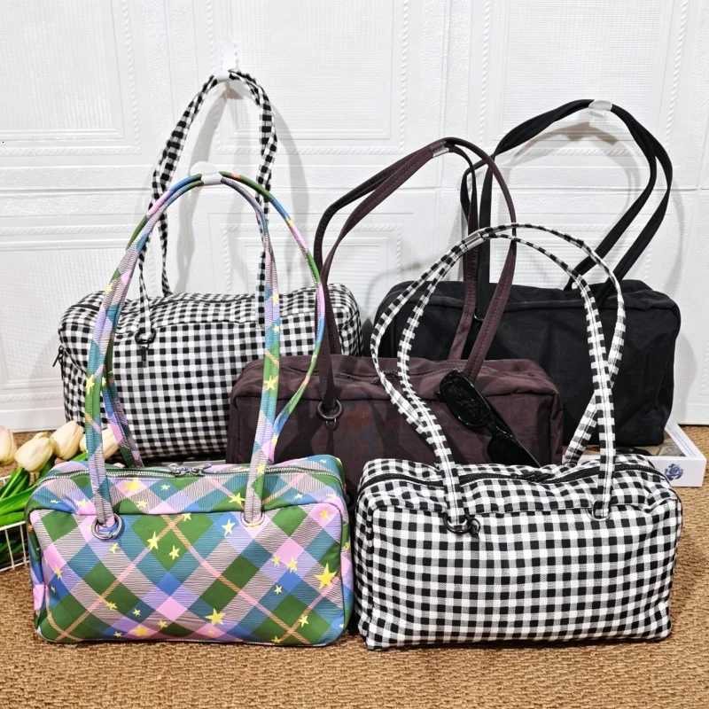 New Style Checkered Shoulder Fashion Solid Color Simple Large Capacity Nylon Tote Canvas Travel Handbag Storage Bag X260815