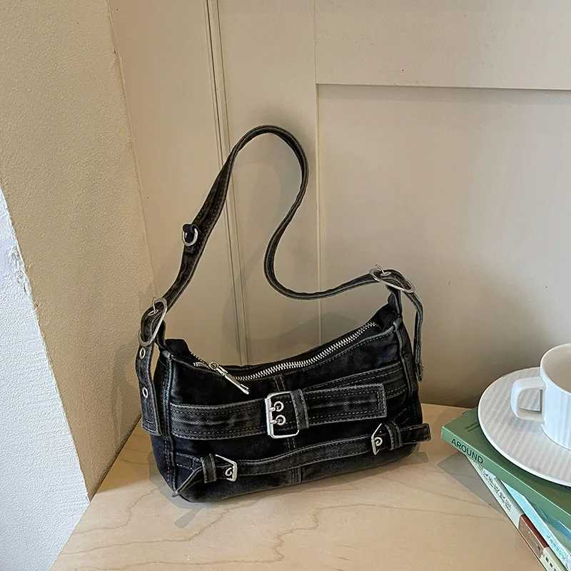 Vintage Washed Denim Shoulder Underarm Bag with Belt Buckle Fashion Trendy Handbag for Women X260815