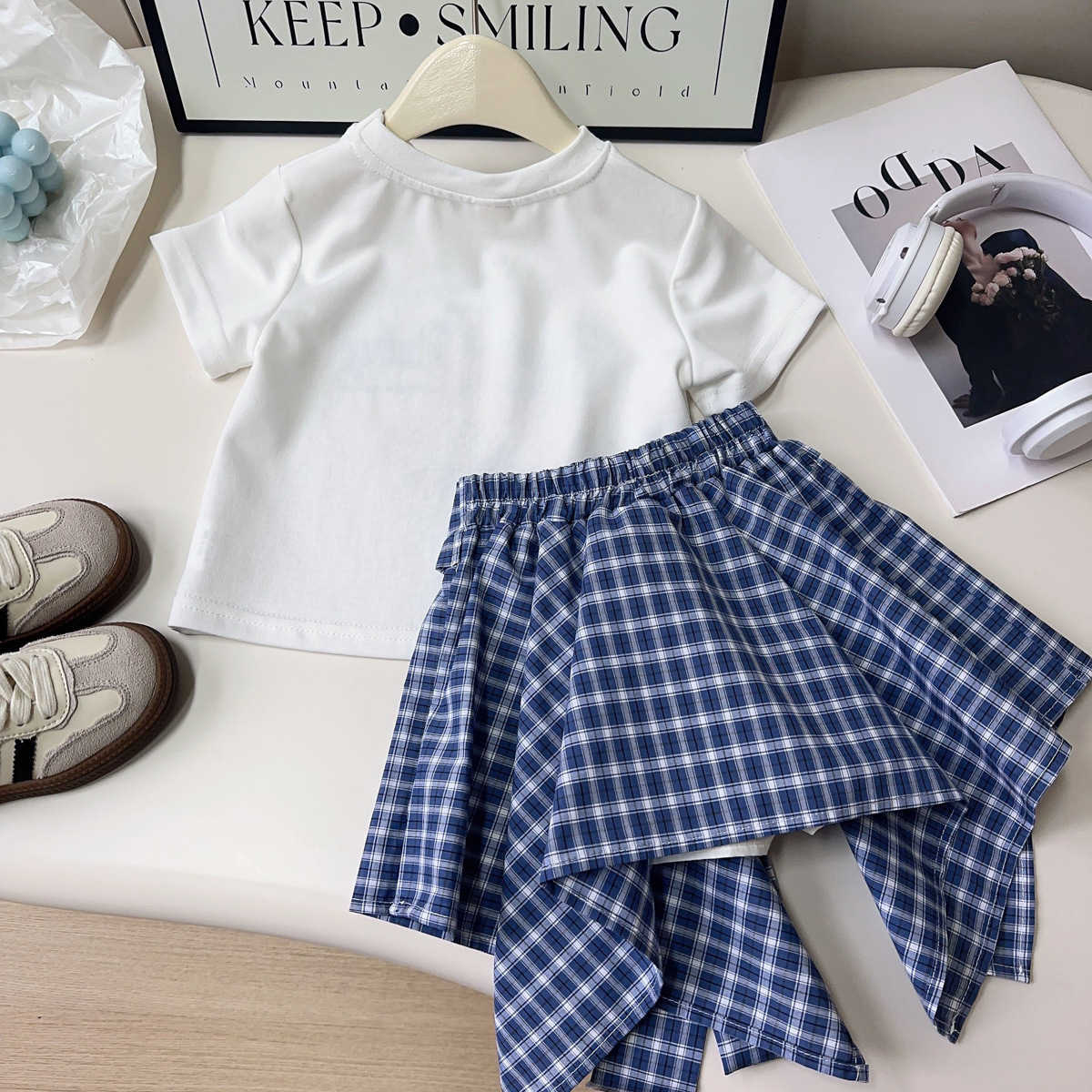 Girls' Outfit 2025 Summer Korean Style Short-Sleeve T-Shirt with Irregular Plaid Skirt-Pants for Little Girls L26821A