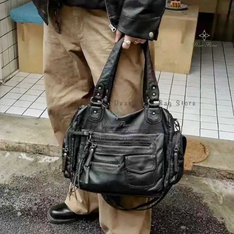 Y2k Women Black Vintage Shoulder Bags Punk Gothic Crossbody Multi Pocket Handbags PU Leather Fashion Large Capacity Tote Bag X260815