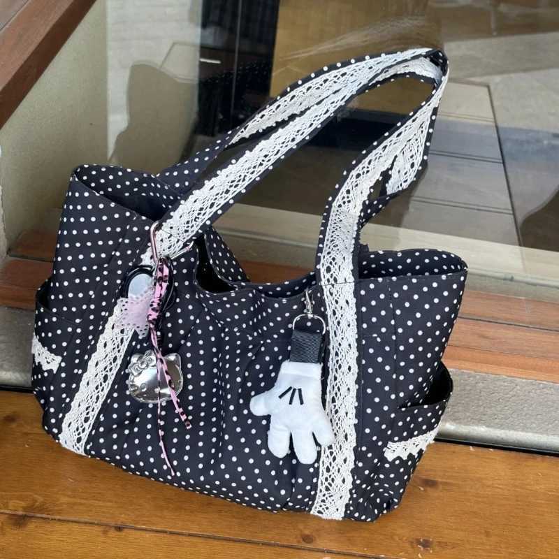 Women Niche Sweet Lace Shoulder Korean Style Vintage Polka Dot Canvas Handbag Large Capacity Multi Pocket Commuting Tote Bag X260815
