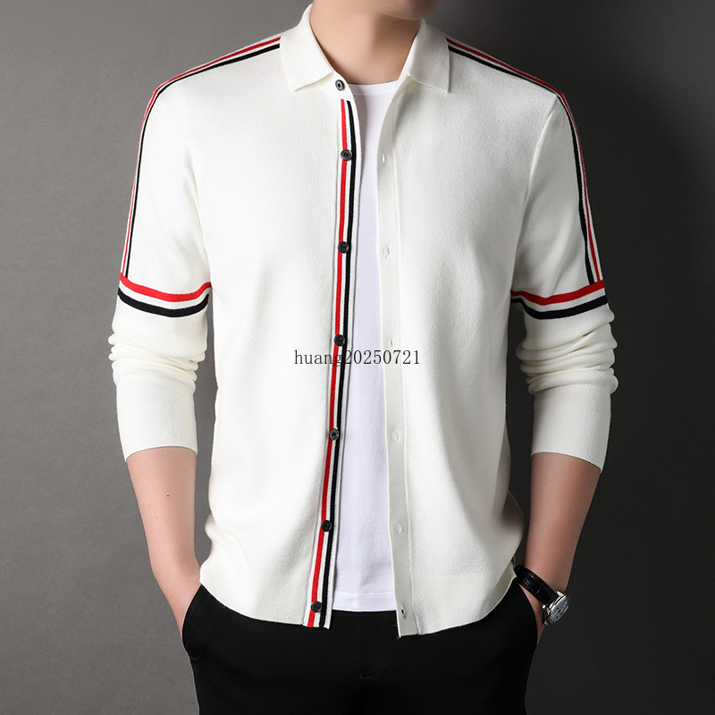 High quality designer knitted sweater men's long sleeved knitted jacket with collar stripes for daily commuting, comfortable and casual men