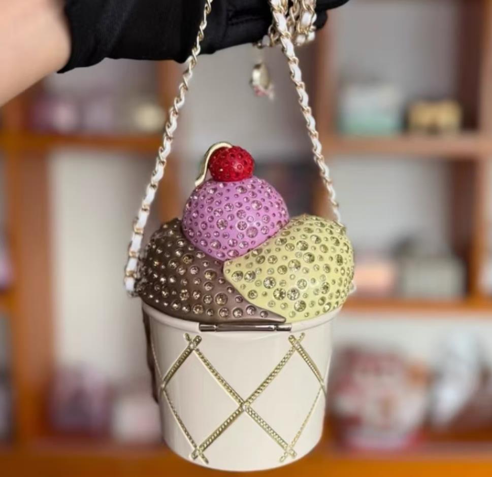 Cute Limited Edition Cherry Diamond Ice cream box bag Mini ice cream Acrylic chain Women Handbag With Mirror lipstick perfume Storage Crossbody Bag