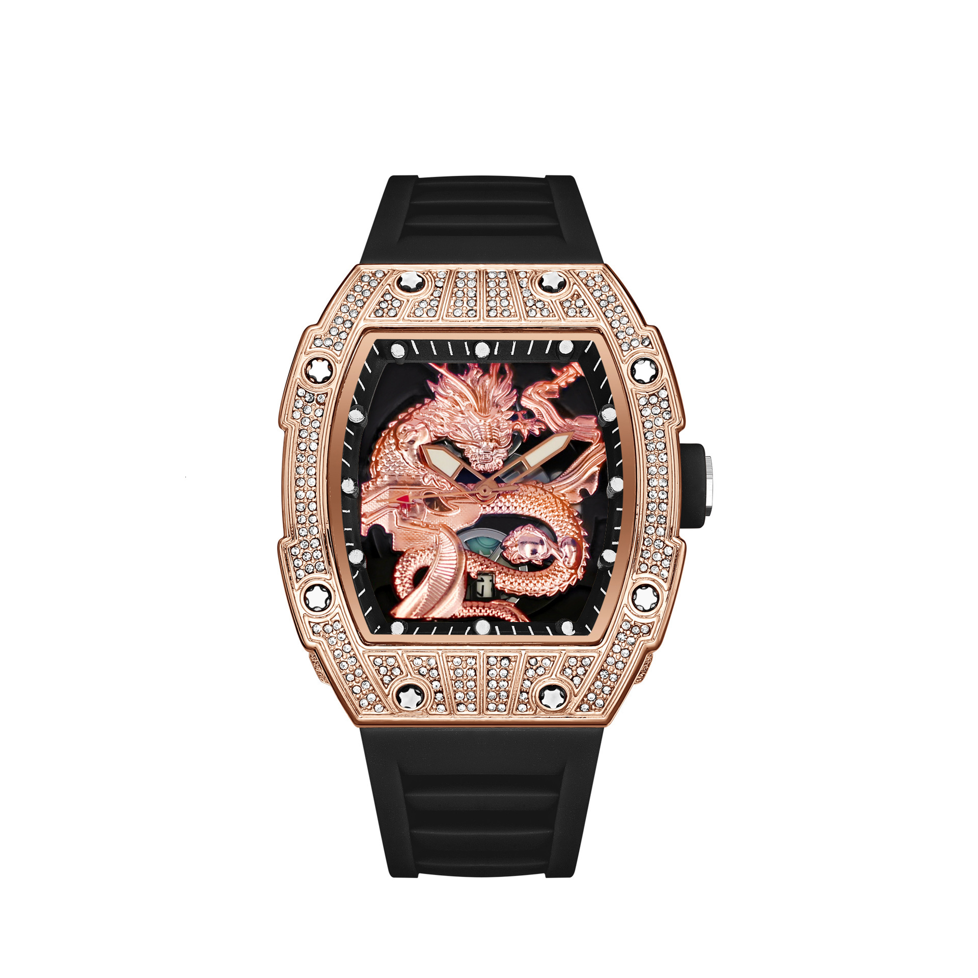 2026 Trendy Dragon Dial Men Watch Tonneau Shape Rose Gold Full Diamond Bezel Luminous Hands Quartz Movement Silicone Strap Waterproof Fashion