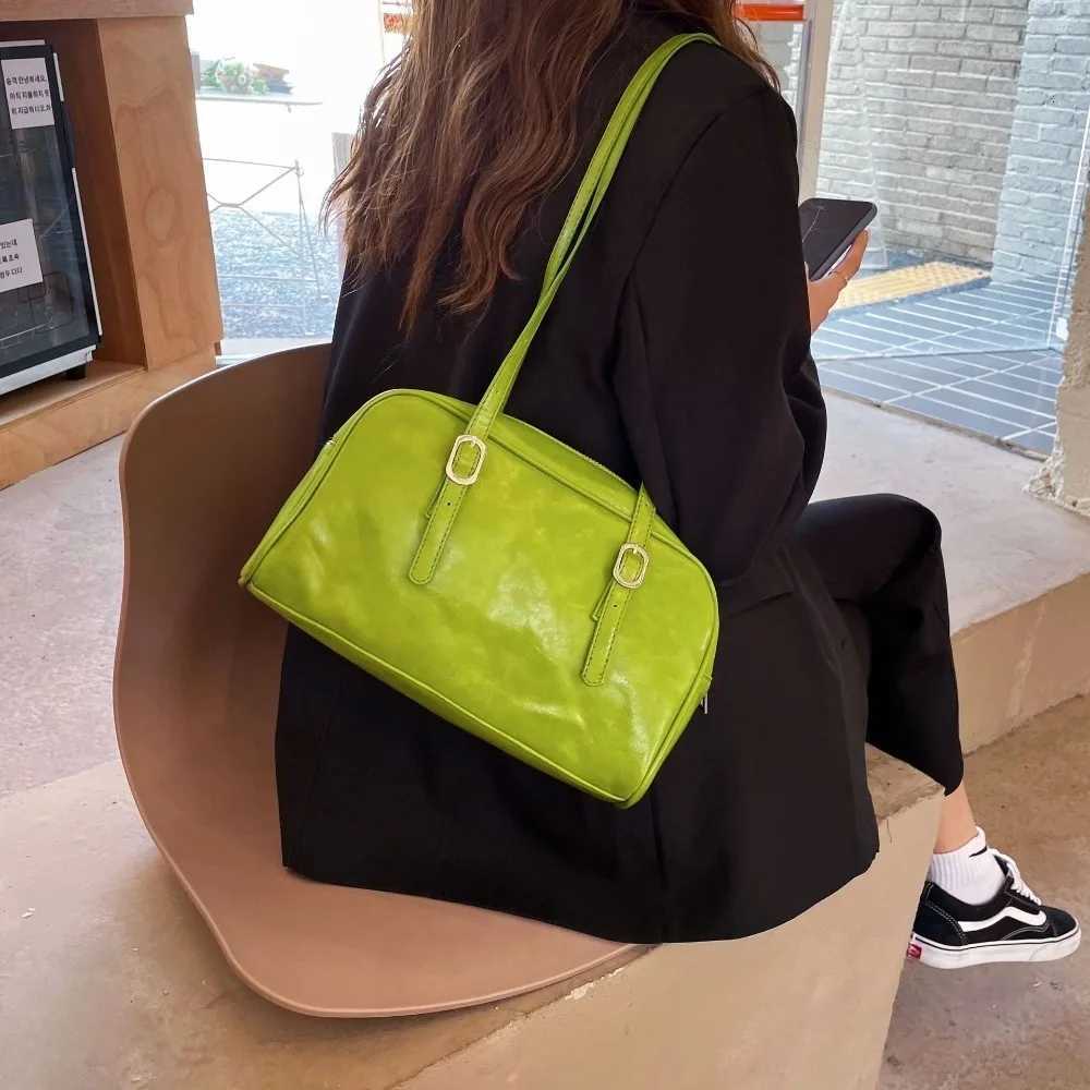 Simple Green Boston Korean Style Solid Color Underarm Pillow Tote PU Leather Shoulder Bag Daily X260815
