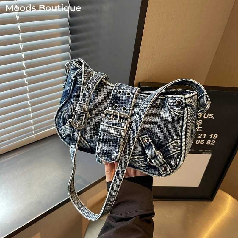 Vintage Washed Denim Shoulder Y2K Belt Buckle Crossbody Bag 2026 New Women Streetwear Daily Retro Luxury Designer Handbags X260815