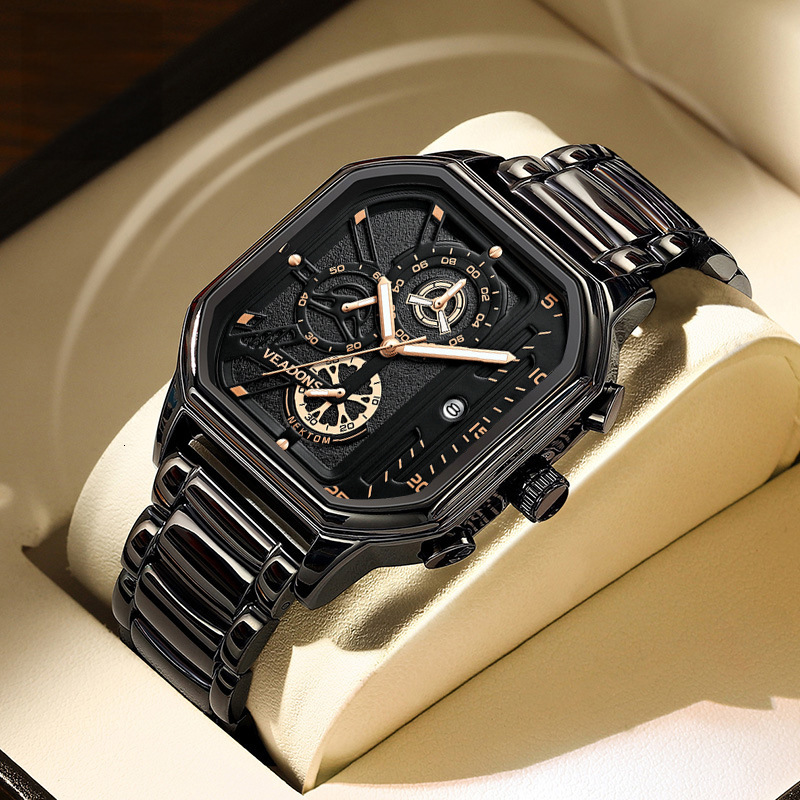 2026 Hot Sale Black Square Case Men Watch Chronograph Luminous Date Quartz Waterproof Stainless Steel Fashion Sport Business Casual Wristwatch