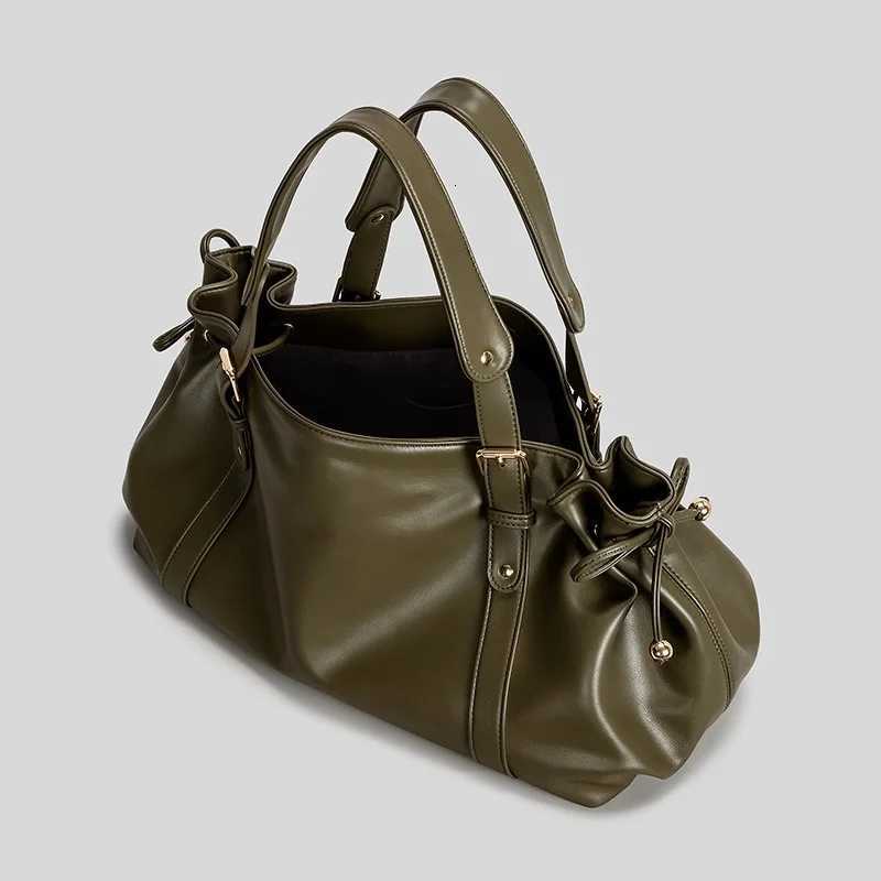 Vintage Large Ruched Drawstring Soft Leather Tote Women's Crossbody Simple Handbag Commuter Shoulder Boston Work Bag X260815