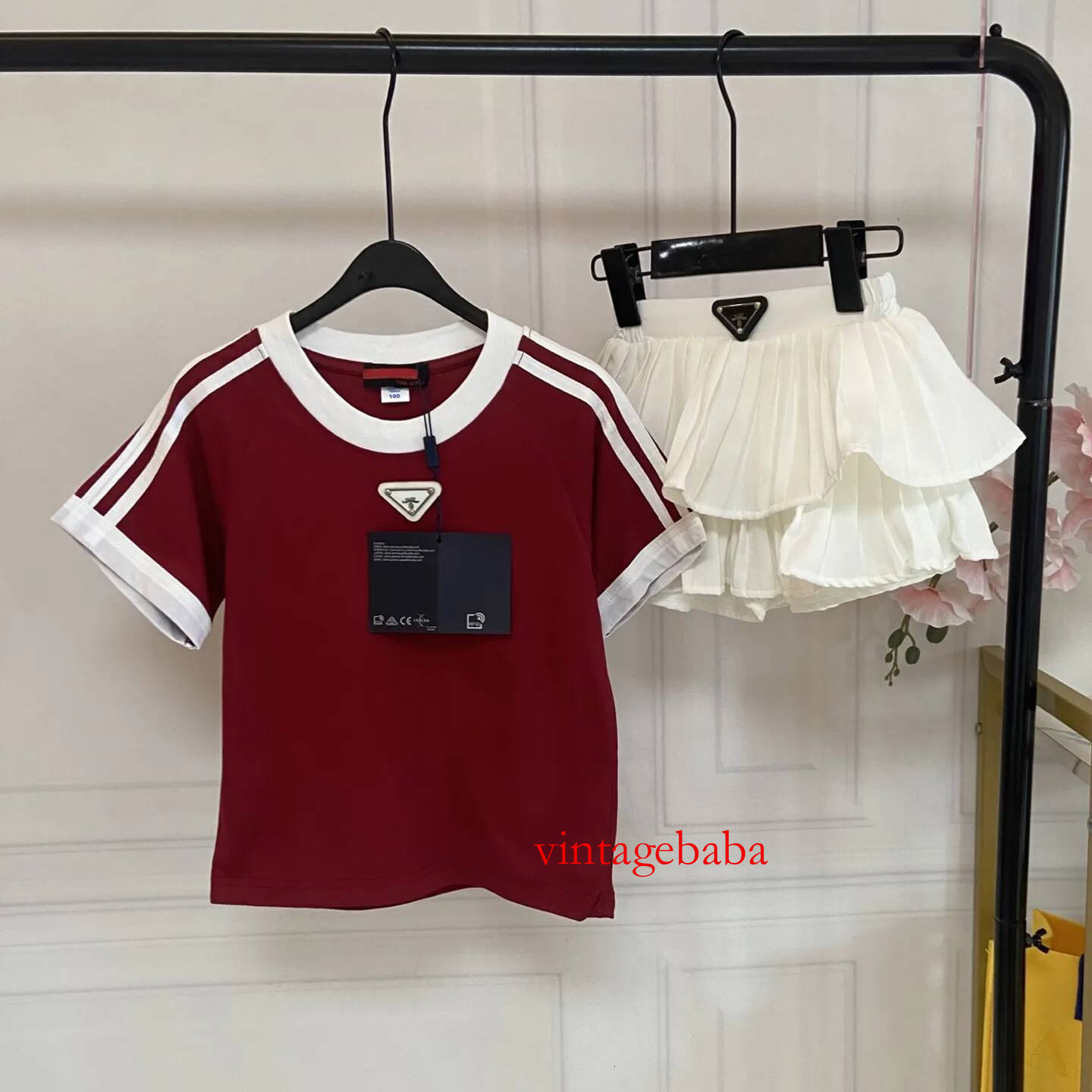 Designer Kids Clothes Girls Toddler Luxury Summer Casual Outfit Set Children Girl Short Sleeve Tee And White Layered Ruffle Pleated Skirt 2Pcs Cloth