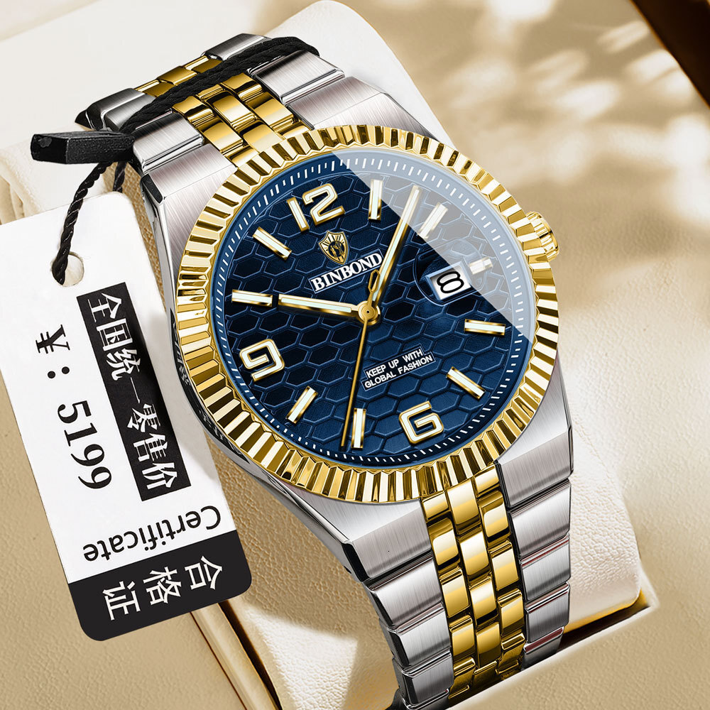 Luxury Brand Designer Watch Binbond Fashion High-End Calendar Luminous Waterproof Concept Large Dial Simple Men's Watch