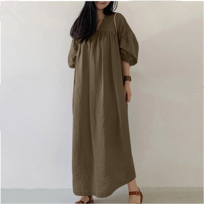 (2026) Customized Solid Color Loose V-neck Puff Sleeve Casual and Elegant Dress