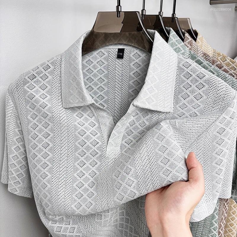 Men's Polos 2026 Short-Sleeved Polo Shirt V-Neck Design Diamond-Pattern Jacquard Craftsmanship Business Casual Fashion Wear