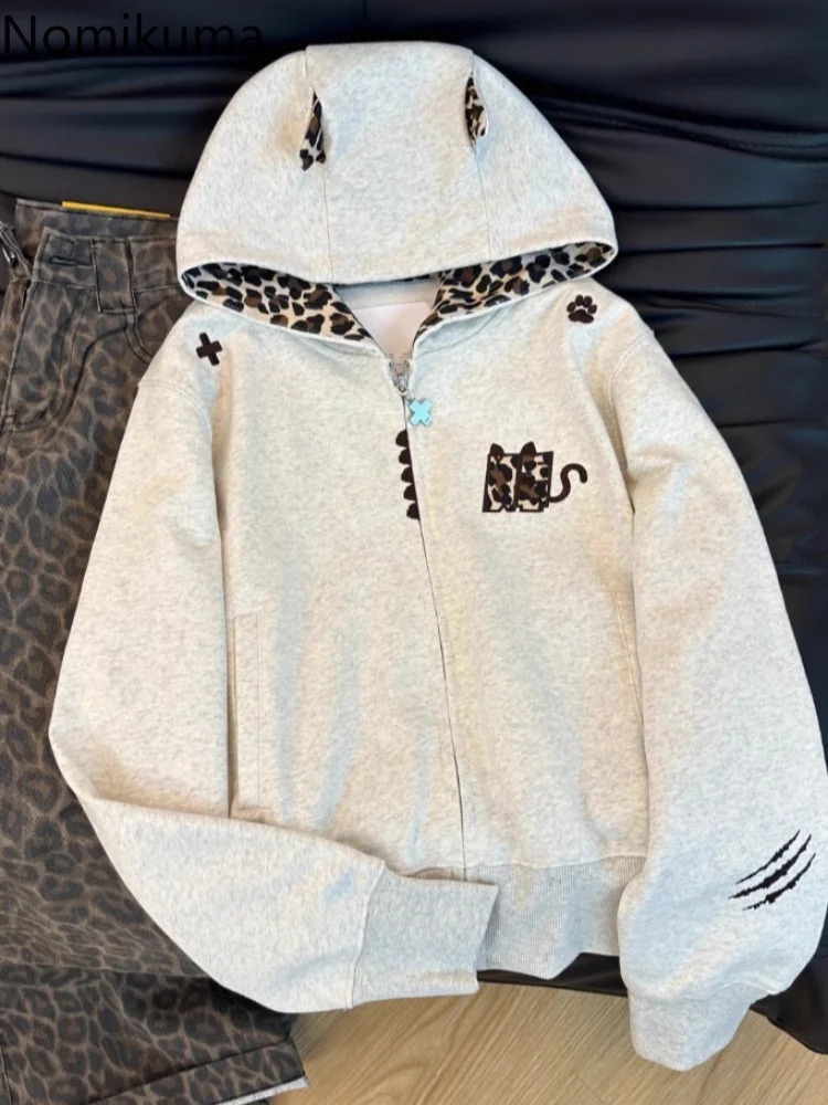 Lunar Cloth Streetwear Fashion Hoodie Jackets Women's Clothes Hooded Vintage Embroidery Leopard Print Sweatshirts Casual Y2k Tops Ropa Mujer