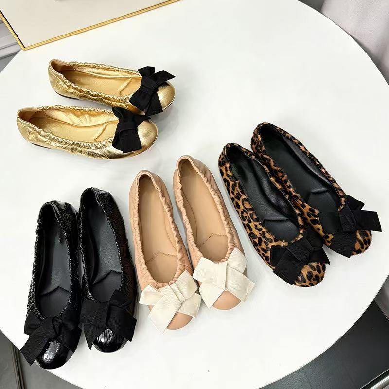 Flats Women Shoes Luxury Designer Bow Ballet Round Toe Slip On Fashion Casual Dress Party Beige Black Gold Leopard Leather