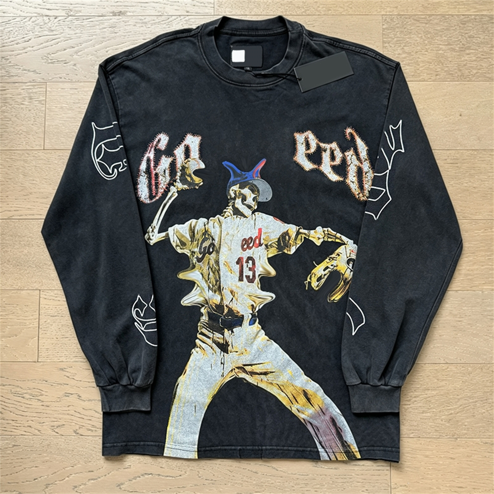 C267BIW5 High Street Style Print Long Sleeve Tee Unisex Vintage Washed Distressed Top Oversized Streetwear Crew Neck Pullover Shirt Casual Long Slee