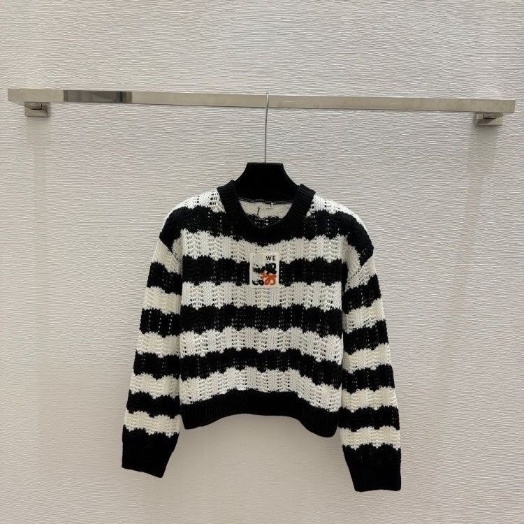 2026 New Arrival Women Black White Striped Hollow Out Knit Sweater Letter Printed Crew Neck Long Sleeve Loose Cropped Pullover Casual Streetwear Fas
