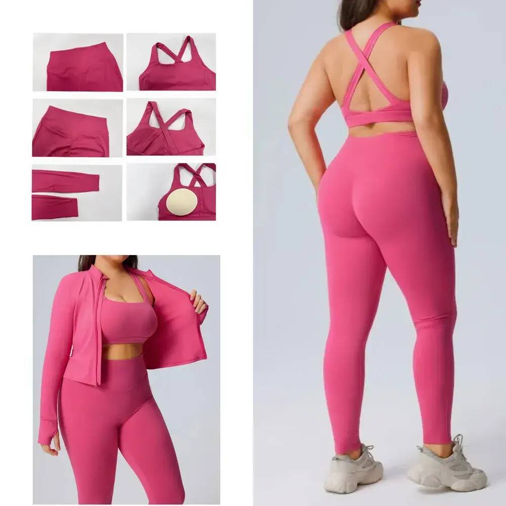 Womens Plus Size 3 Piece Yoga Active Set, Full Zip Cropped Jacket with Thumbholes Cross Back Sports Bra & High Waist Tummy Control Leggings for Work