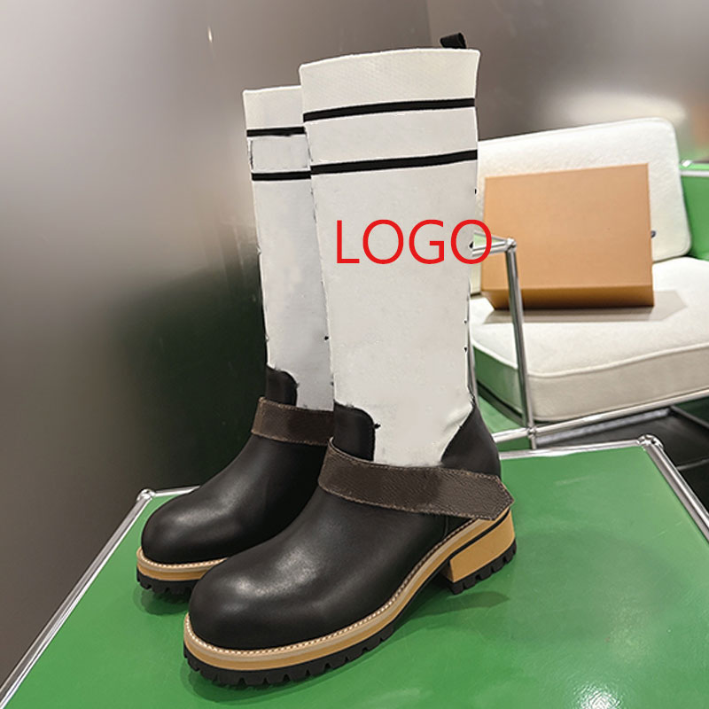 SS27 New Womens High Boots Designer Spliced Boots With Elastic Knitted Fabric Logo Printed On The Boot Body Leather Buckle With Rubber Flower Anti S