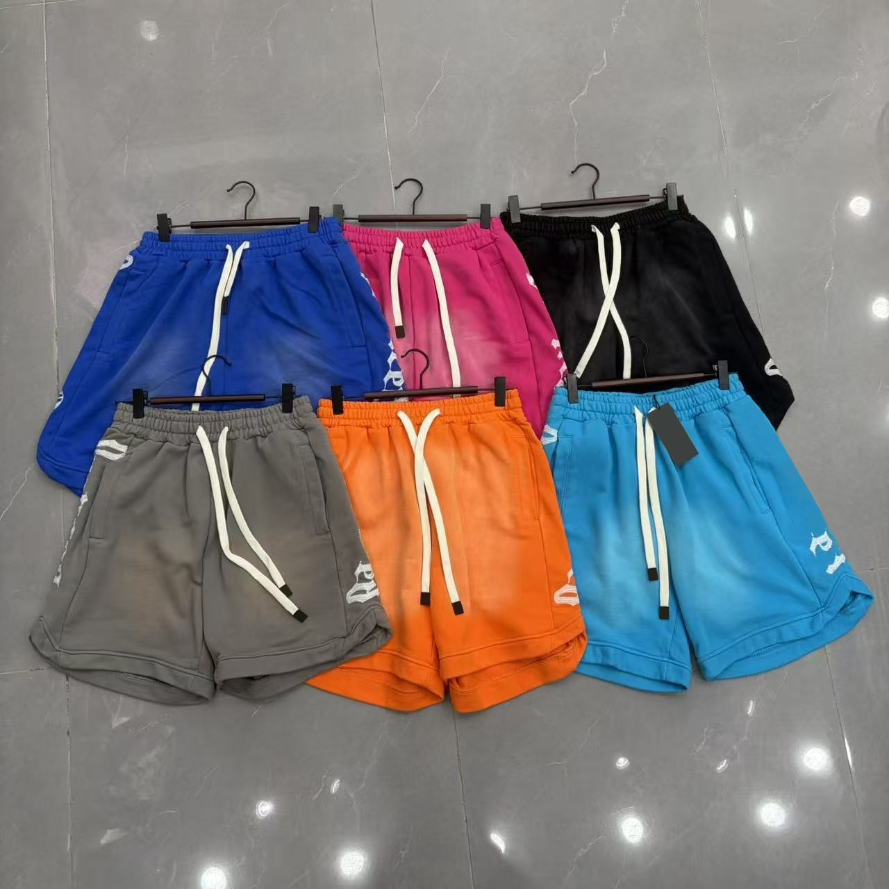 C267BIW1 Vintage Washed Drawstring High Street Gradient Washed Sports Shorts Side Detail Pockets Drawstring Elastic Waist Street Style Casual Shorts