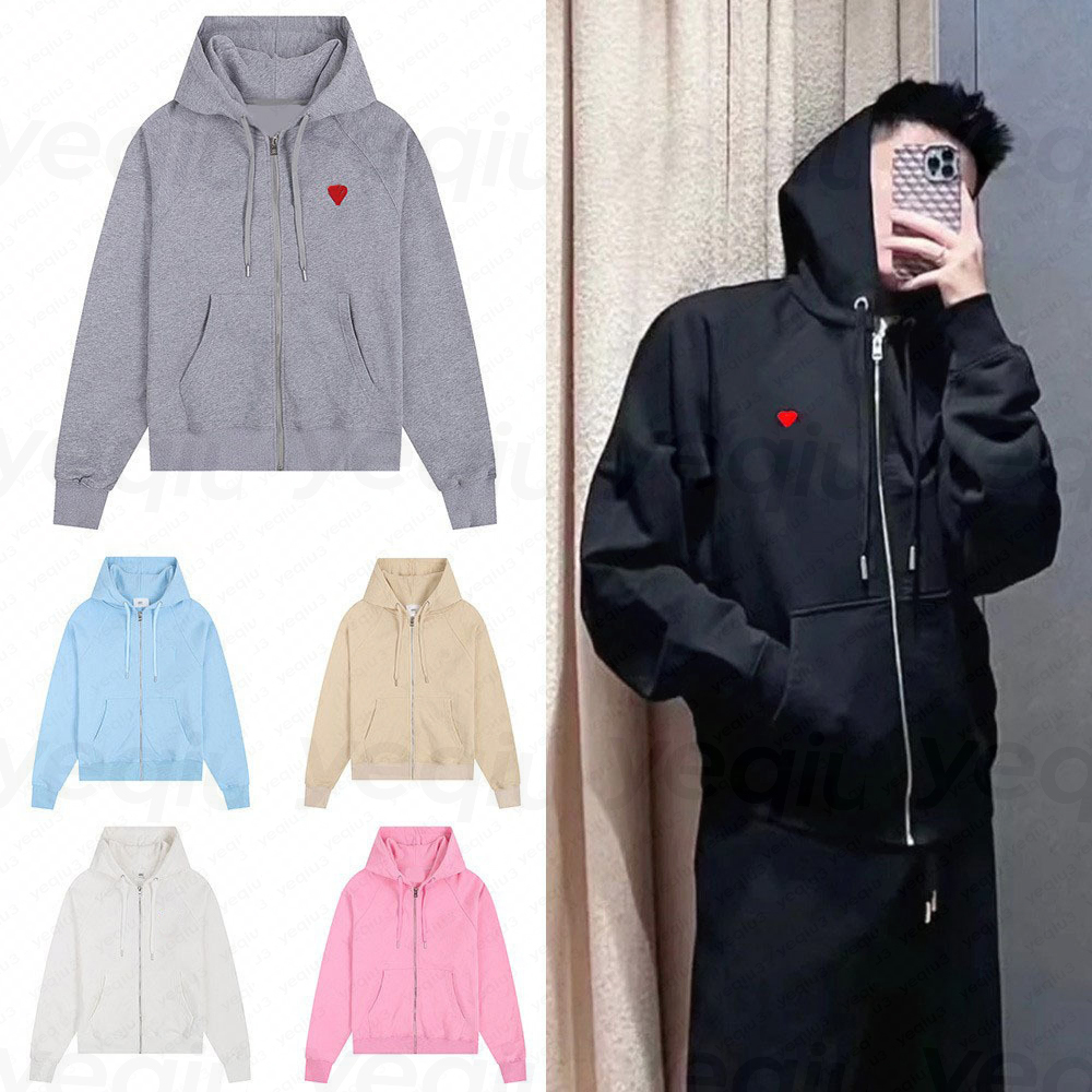 Mens Full Zip Hoodie de Coeur Hooded Sweatshirt Autumn Winter Premium Cotton Unisex Long Sleeve Cardigan