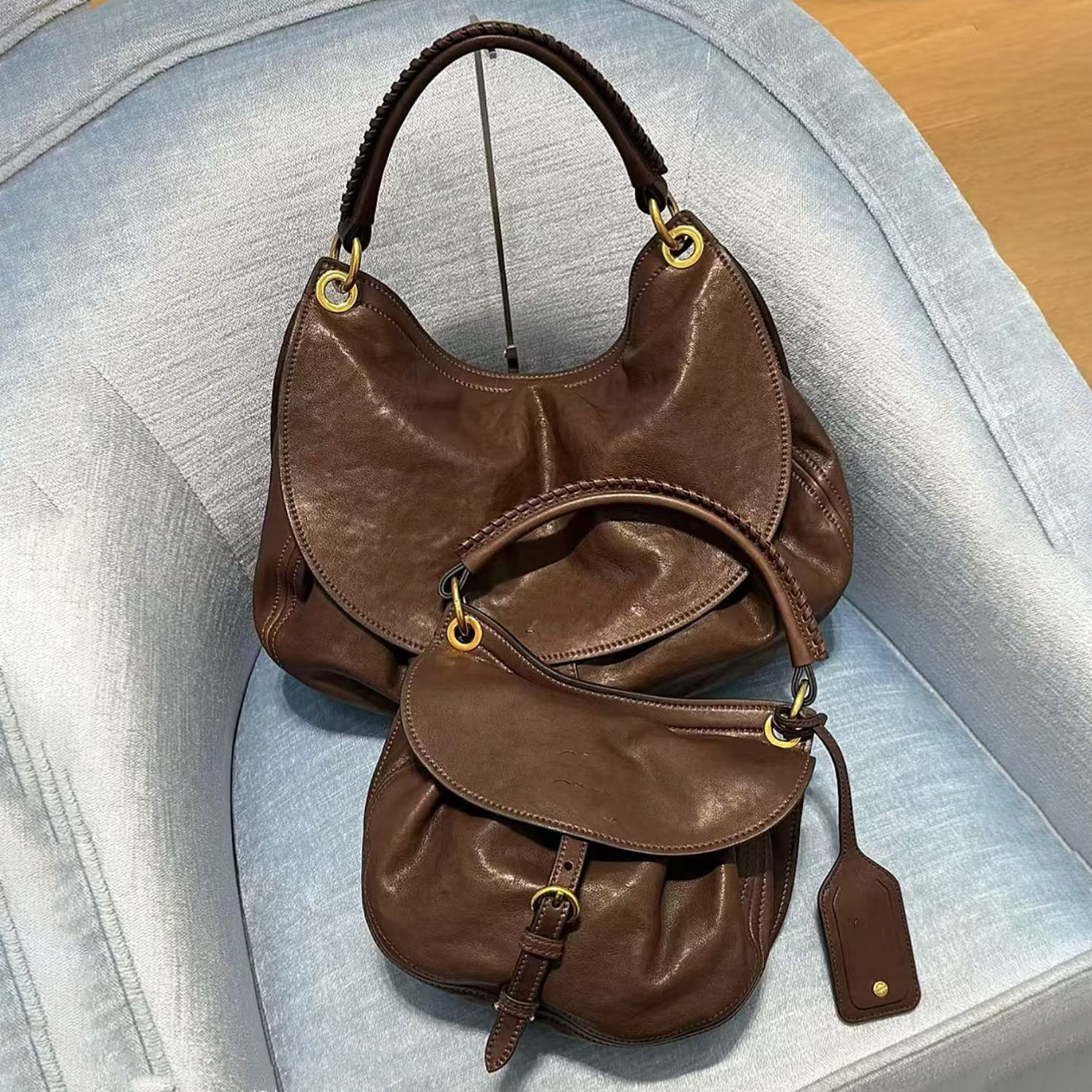 Rendez Vous Nappa Soft Leather Bag Designer Braided Leather Handle Shoulder Bag Vintage Women Button Flap Bag Handbag Crossbody Bag Moon Bag Purse
