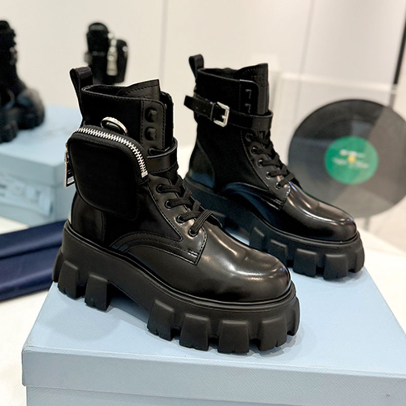 Monolith Brushed Leather and Re Nylon Boots with Pouch Womens Thick Bottom Boots Mens Mid Top Boots Light Rubber Lug Tread Sole Removable Nylon Pouc