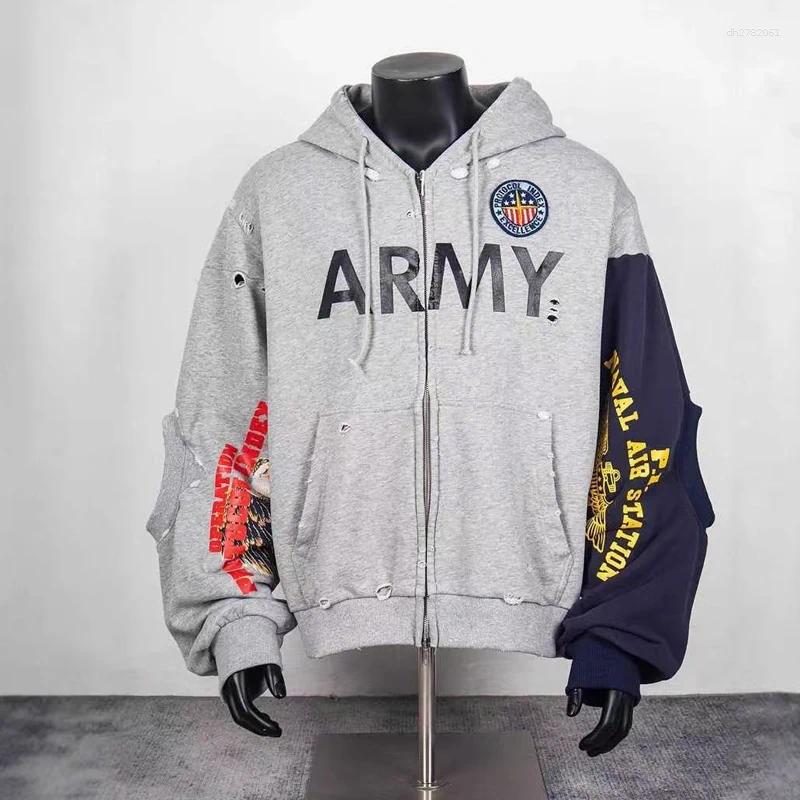 Sweats à capuche pour hommes High Street Color Block déchiré Sweat à capuche zippé Lettre imprimée Manches découpées Protocole Index Cardigan